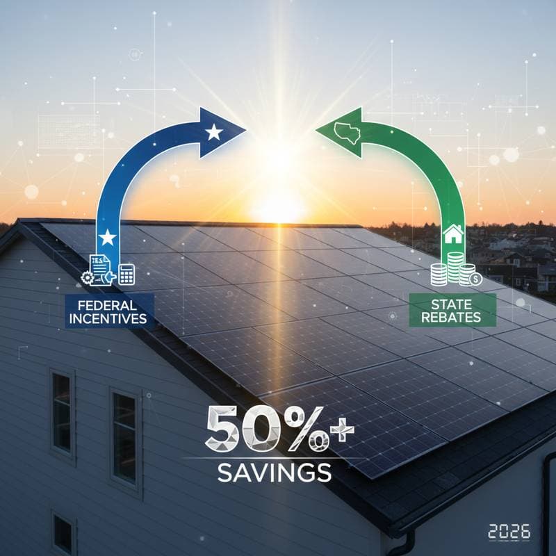Featured image for Stack State and Federal Solar Credits for 50% Savings